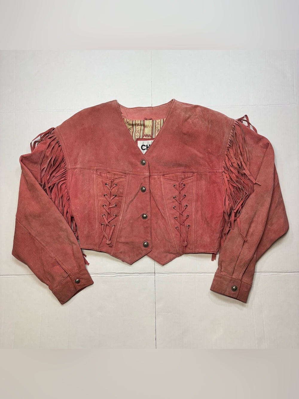 Vintage 80s CHIA Pink Suede Leather Fringe Western Cropped Jacket Lace Up size M